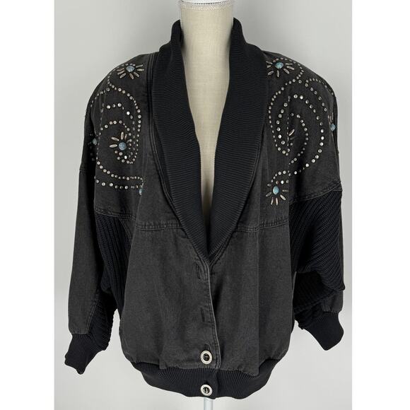 IB Sport Vintage Black Denim Sweater Jacket Aztec Turquoise Womens Large - Picture 1 of 16